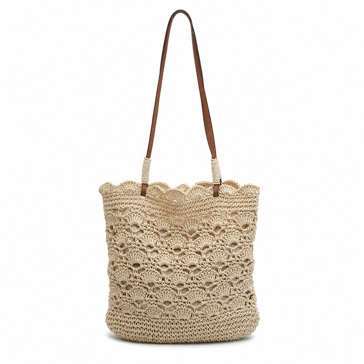 Crochet Woven Shoulder Bag with Zip Closure and Scalloped Bucket Shape