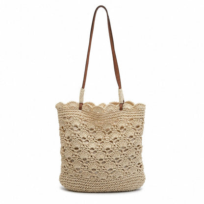 Crochet Woven Shoulder Bag with Zip Closure and Scalloped Bucket Shape