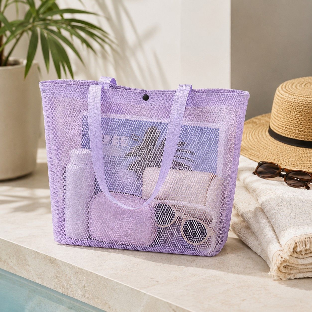 Reusable Mesh Shopping Tote Bag with Snap Closure and Carry Handles