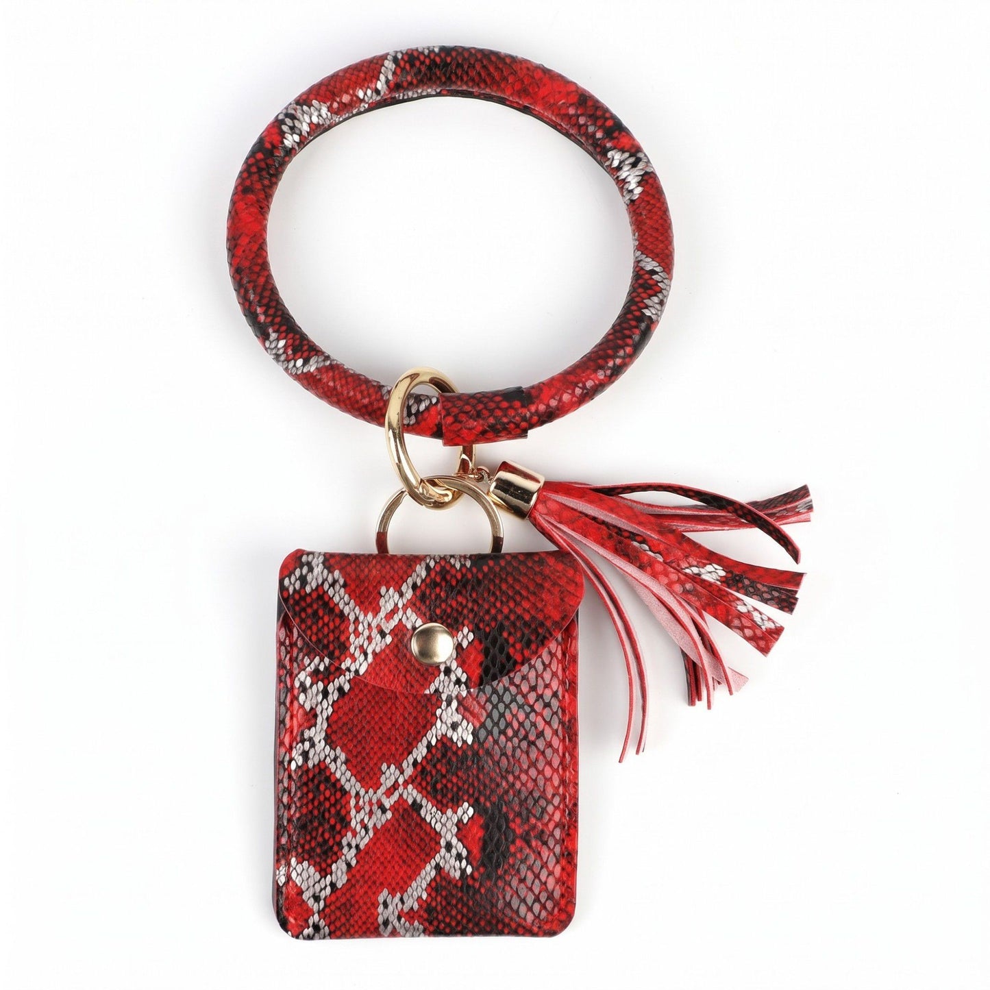 Womens Snakeskin Print Wristlet Keychain with Mini Pouch and Tassel