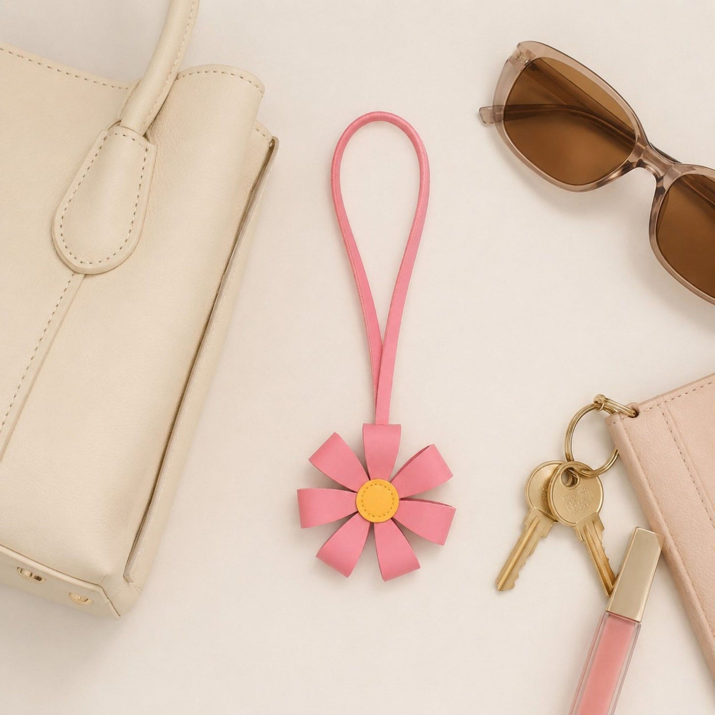 Pink Faux Leather Flower Bag Charm Purse Accessory with Loop Strap