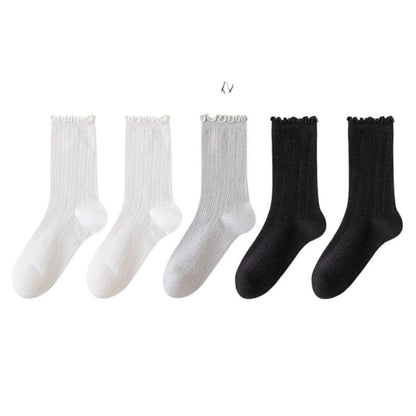 Ribbed Crew Socks with Ruffle Lettuce Trim Soft Stretch Knit Comfortable Everyday 5-Pack