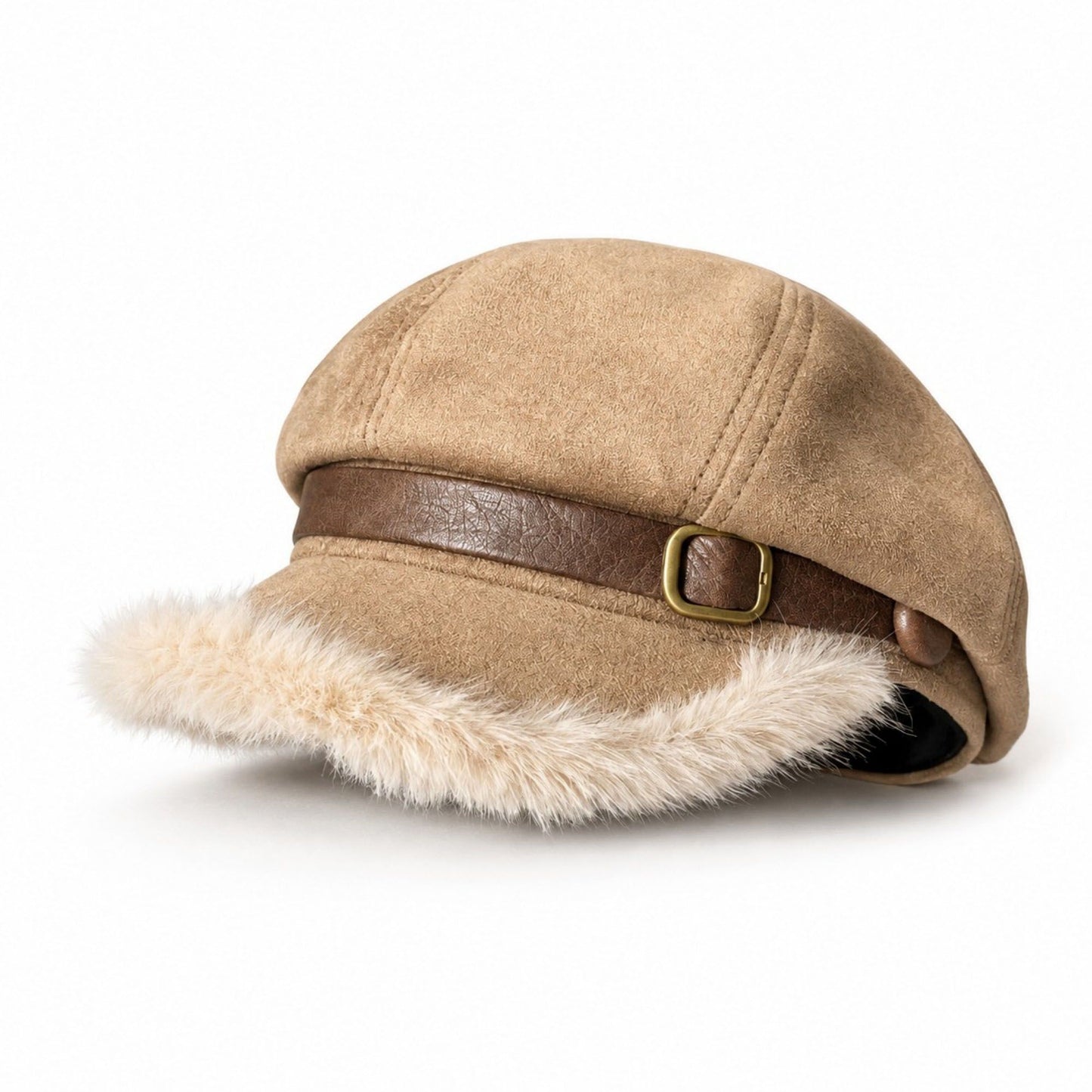 Faux Suede Newsboy Cap with Faux Fur Trim