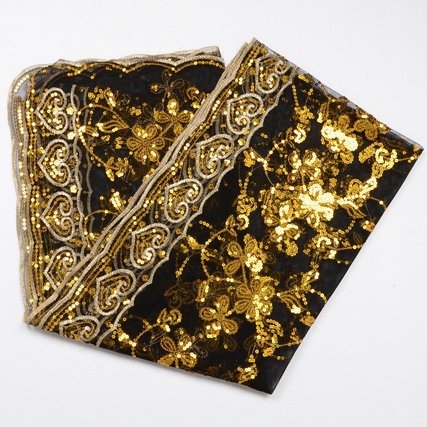Embroidered Sequin Mesh Shawl Wrap Sheer Floral Scarf Scalloped Edge