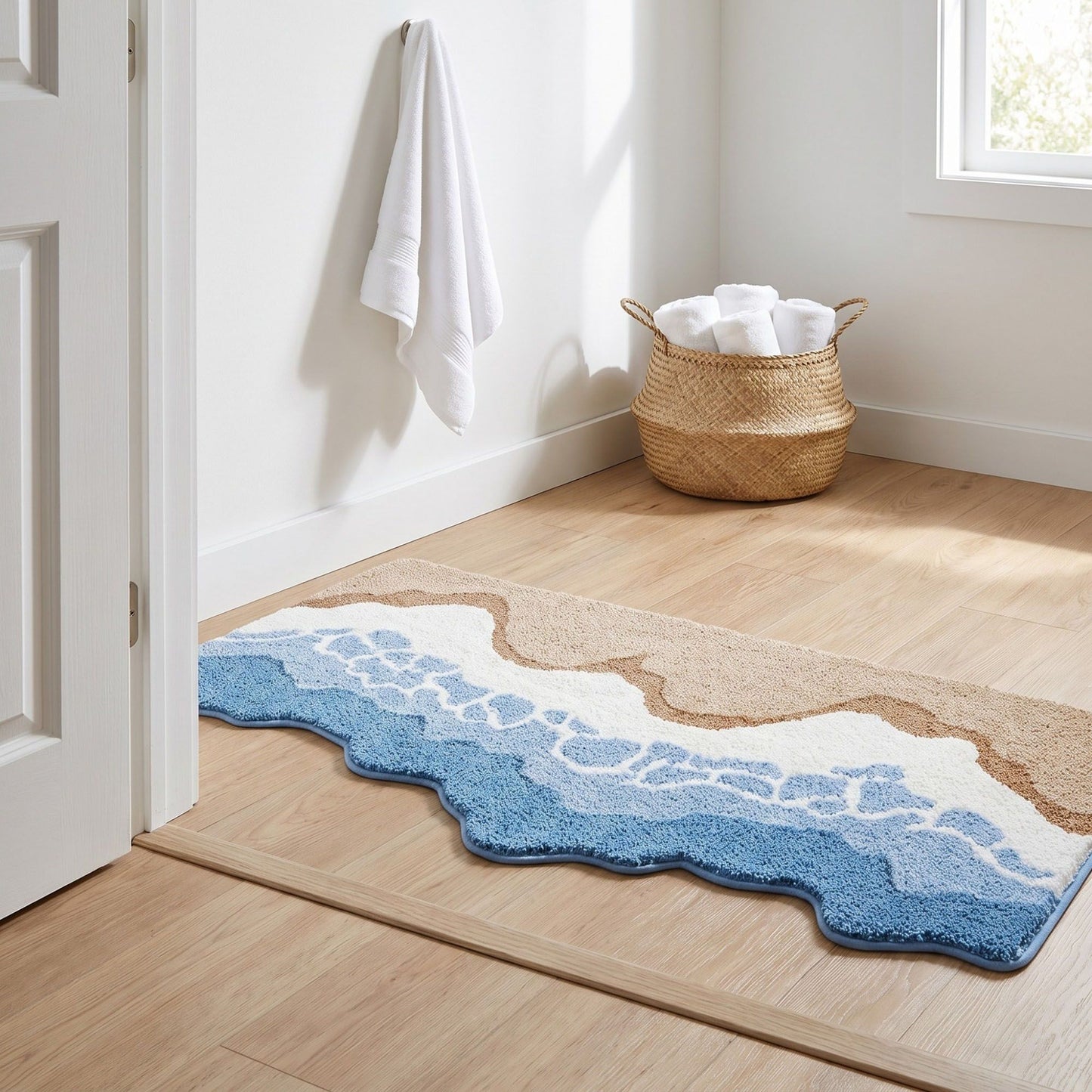Abstract Ocean Wave Plush Bathroom Mat with Irregular Scalloped Edge