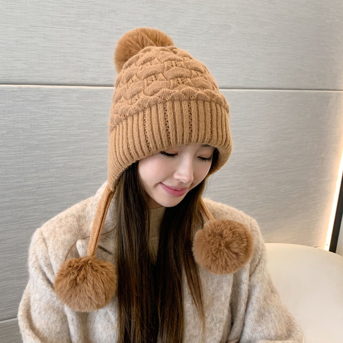 Knit Trapper Hat with Pom - Poms