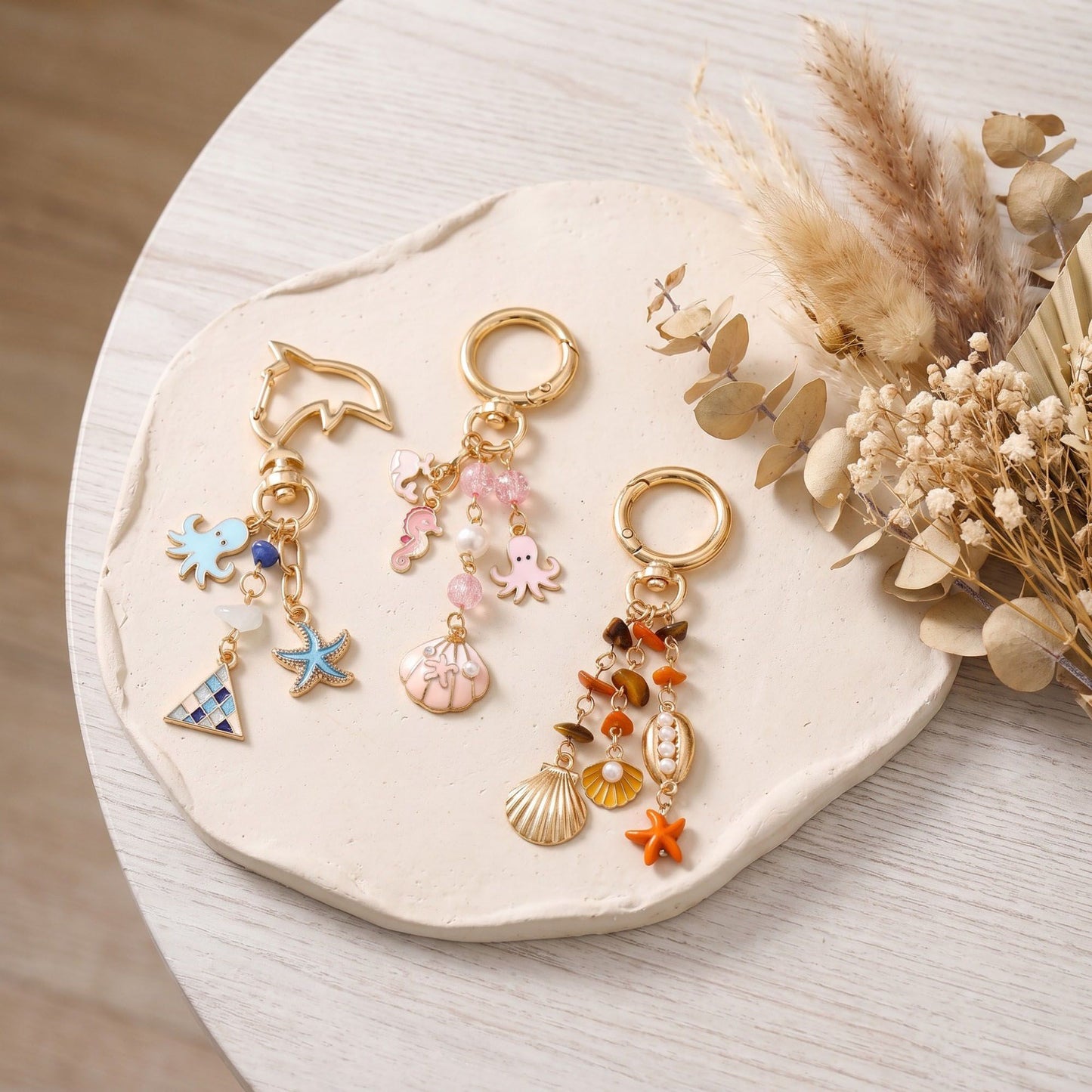 Ocean Life & Sea Creature Multi-Charm Bag Charm Key Chain 3-Piece Set