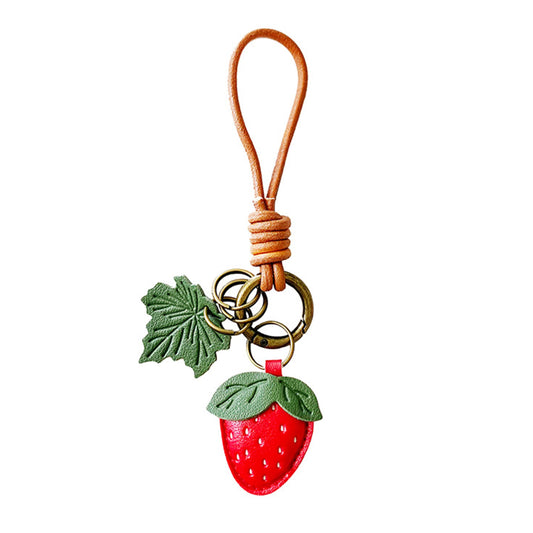 Vintage Fruit Bag Charm Keychain with Leather Cord Loop Leaf Accent and Key Rings
