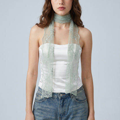 Sheer Embroidered Skinny Scarf with Floral Lace Trim and Long Neck Tie Design