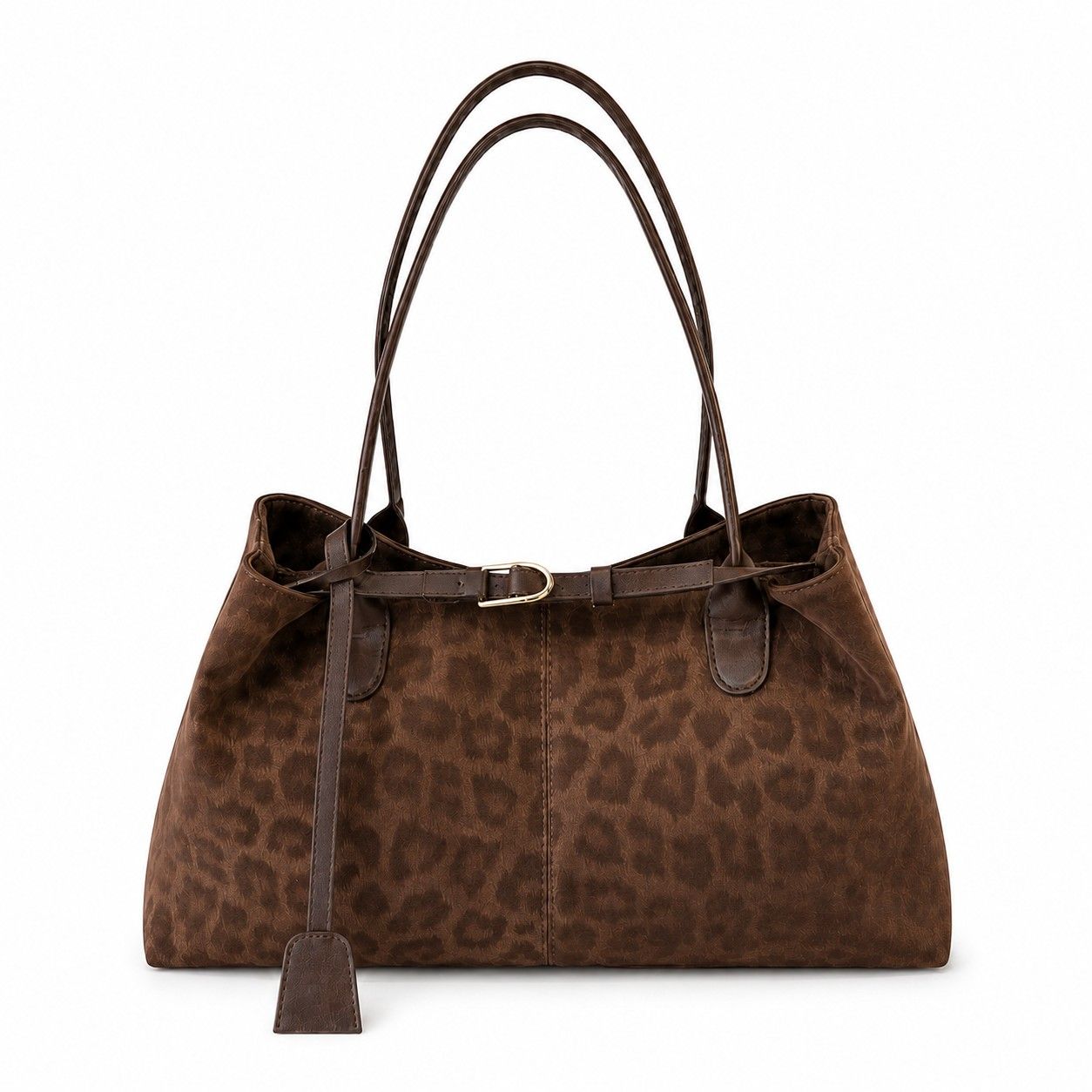 Leopard Print Shoulder Tote Bag with Magnetic Closure Buckle Detail and Tassel