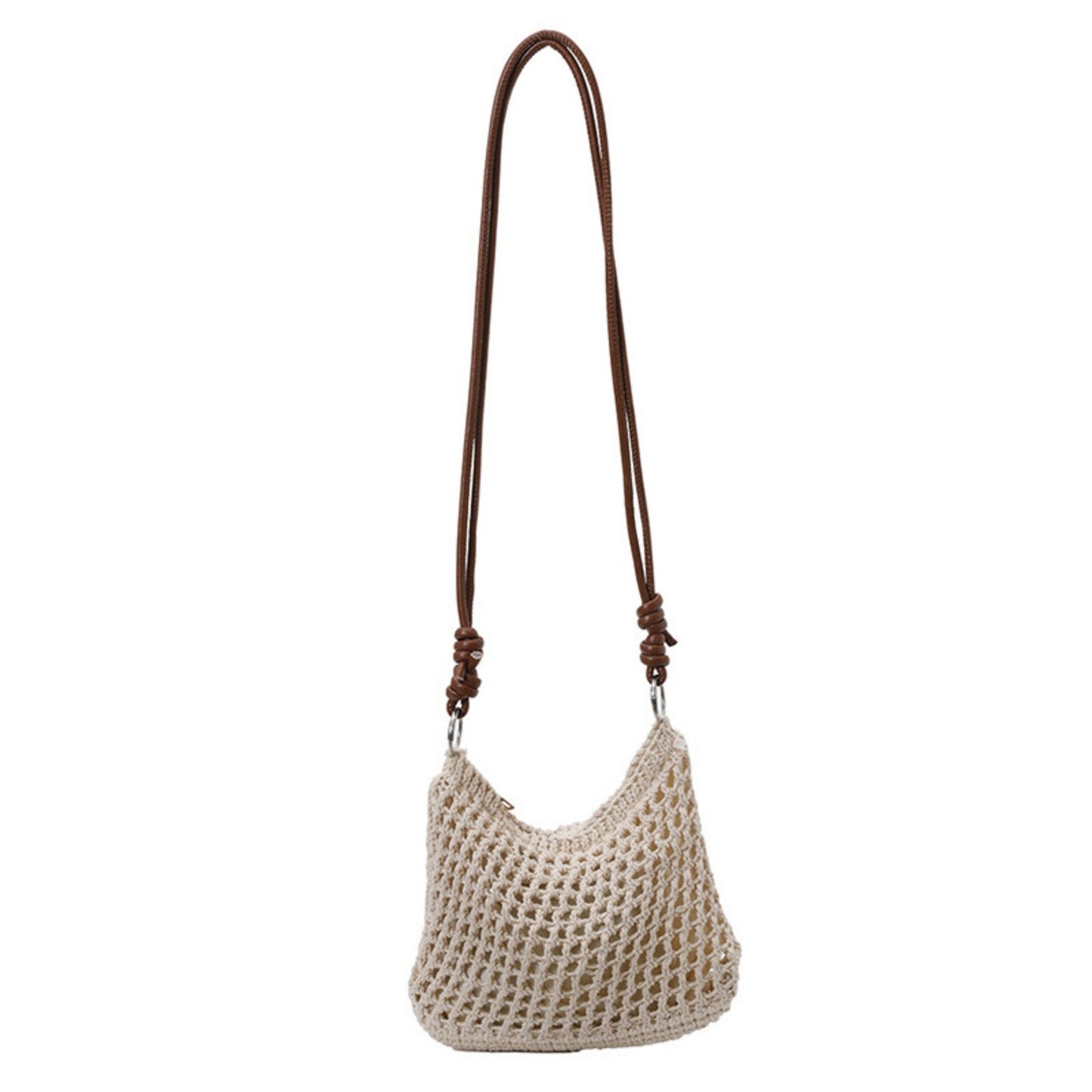Women's Woven Net Shoulder Bag with Long Strap and Zipper Closure