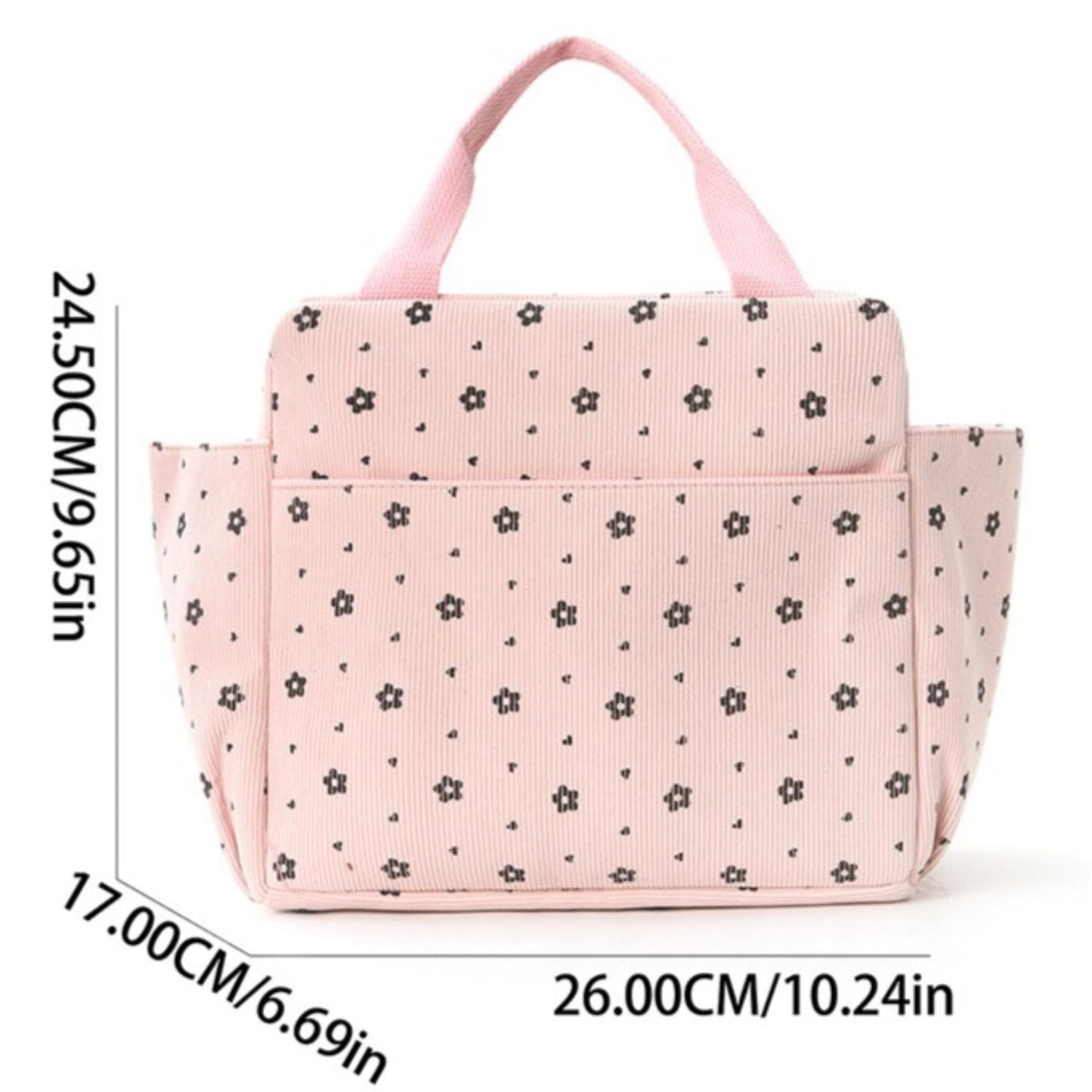 Corduroy Insulated Lunch Bag Large Capacity Floral Lunch Tote with Front and Side Pockets