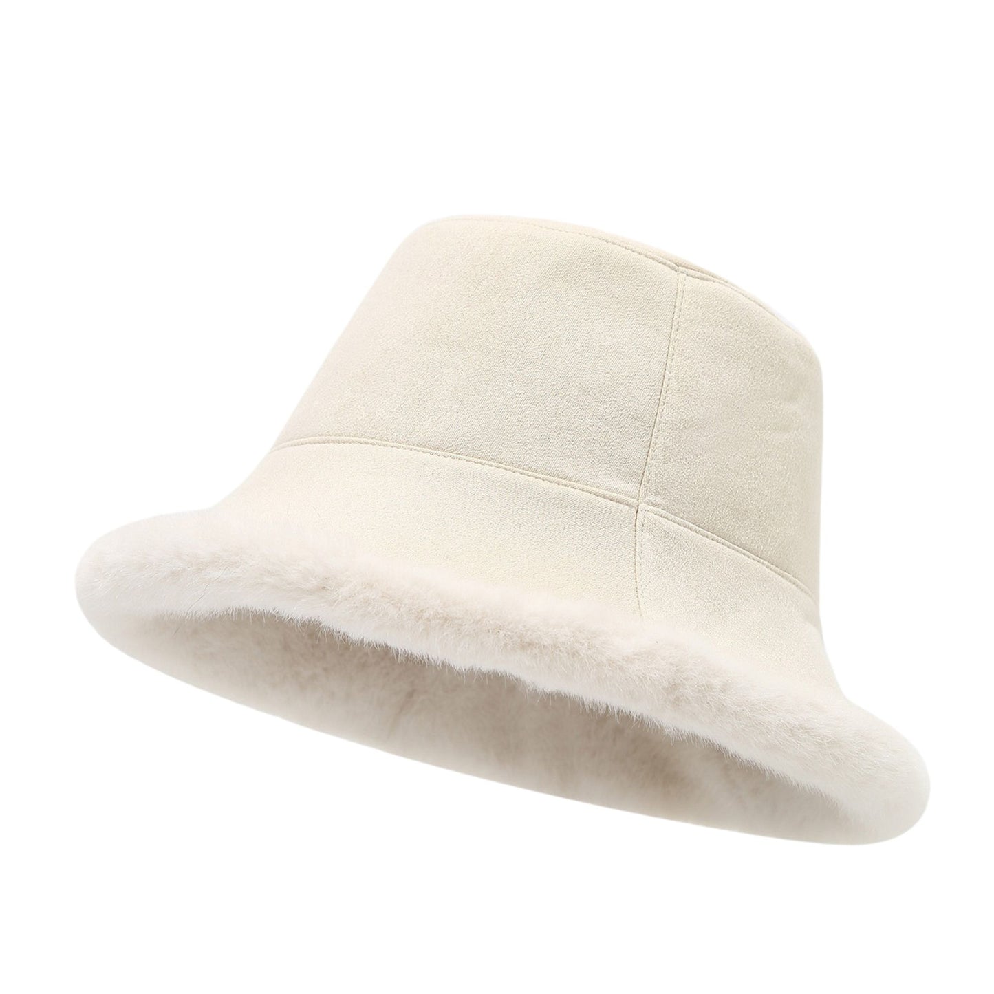 Faux Suede Bucket Hat with Faux Fur Trim Winter Hat