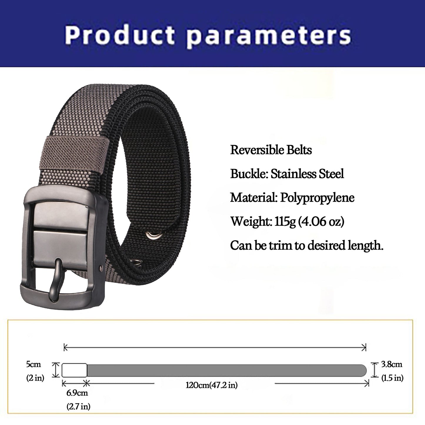 Reversible Belt - Adjustable Military-Style Belt with Stainless Steel Buckle