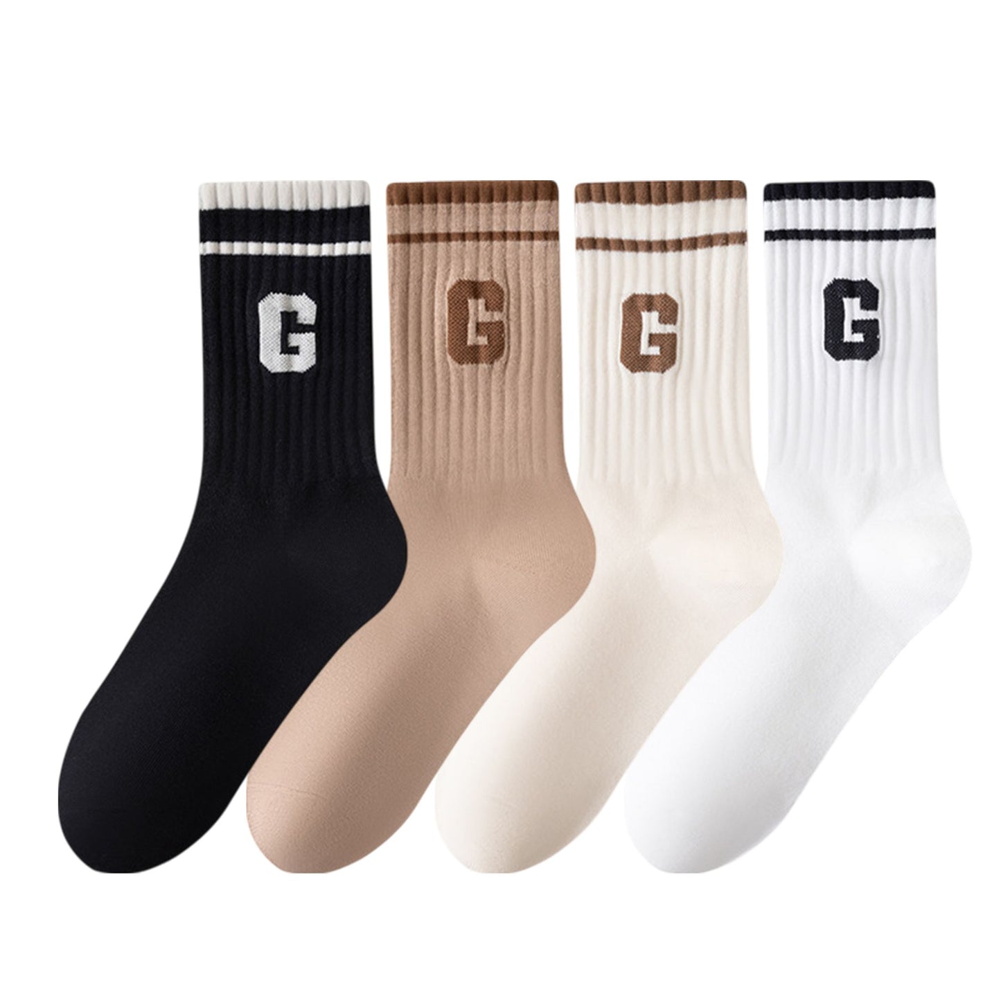 4-Pair Pack Ribbed Cotton Crew Socks with Striped Cuffs and G Letter Detail in Neutral Athletic Color Combinations
