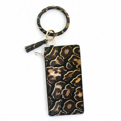 Leopard Print Zip Pouch with Bangle Wristlet and Tassel