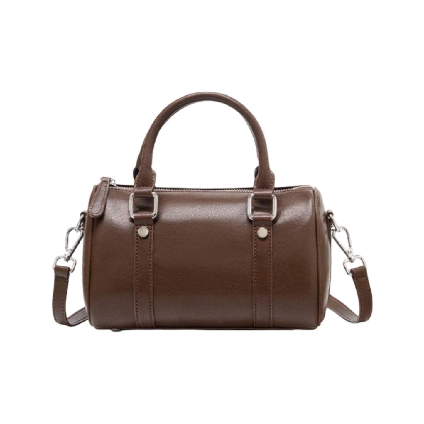 Structured Leather Barrel Satchel with Top Handles Compact Cylinder Shape and Crossbody Option