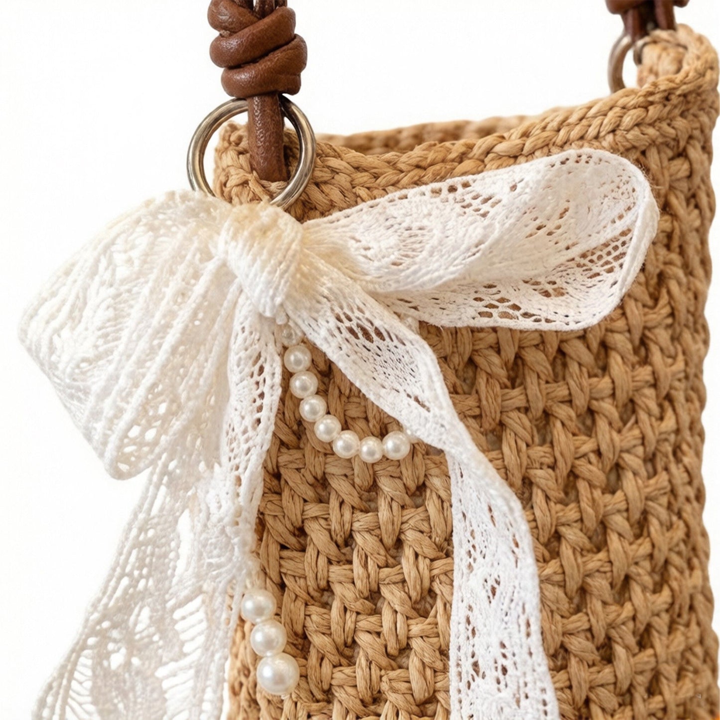 Crochet Crossbody Bag with Lace Bow Detail Lightweight Knit Shoulder Bag Small Casual Handbag