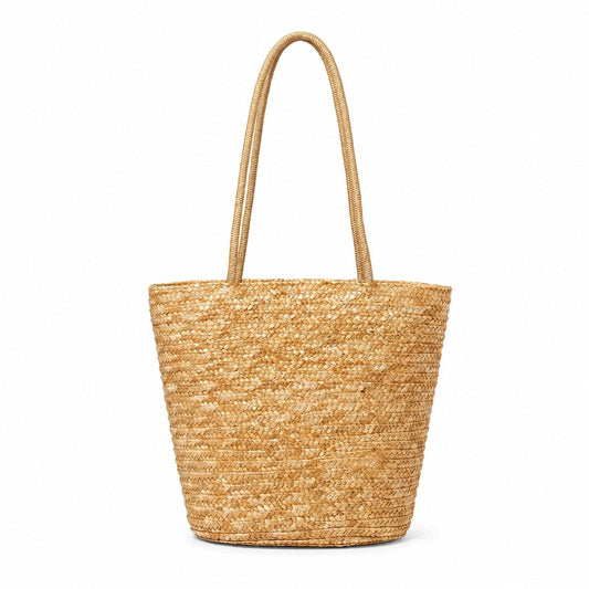 Woven Straw Style Tote Bag with Double Shoulder Handles and Open Top Design