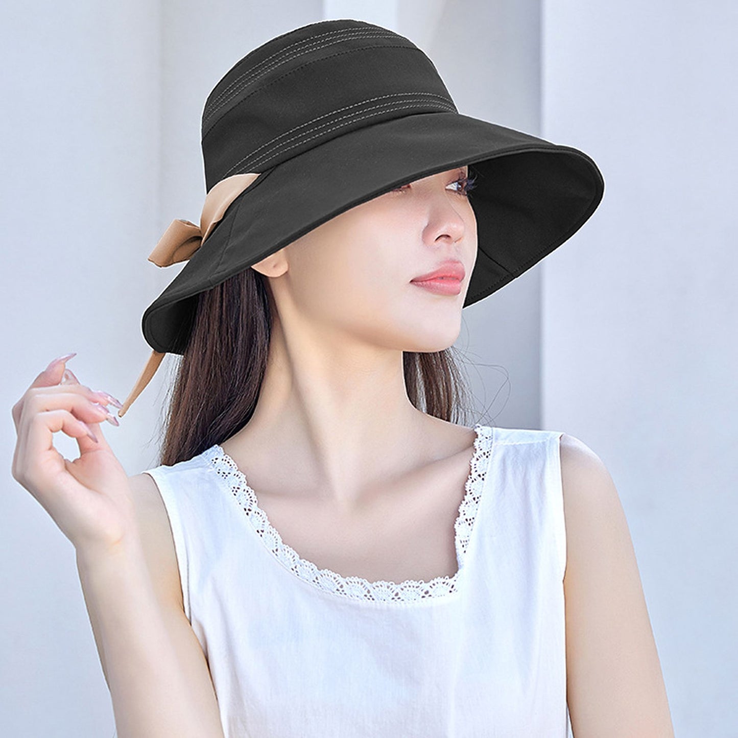 Foldable Wide - Brim Sun Hat with Bow Accent
