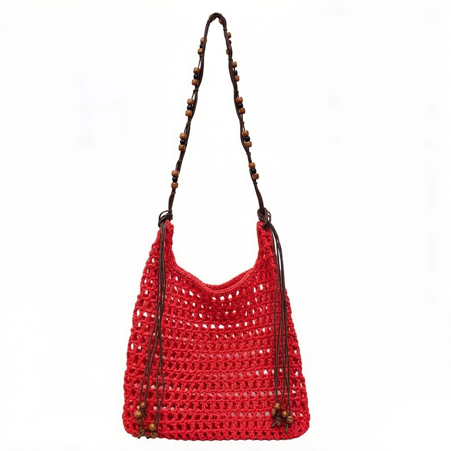 Crochet Shoulder Bag with Beaded Strap Tassel Drawstring Detail Lightweight Knit Hobo Handbag