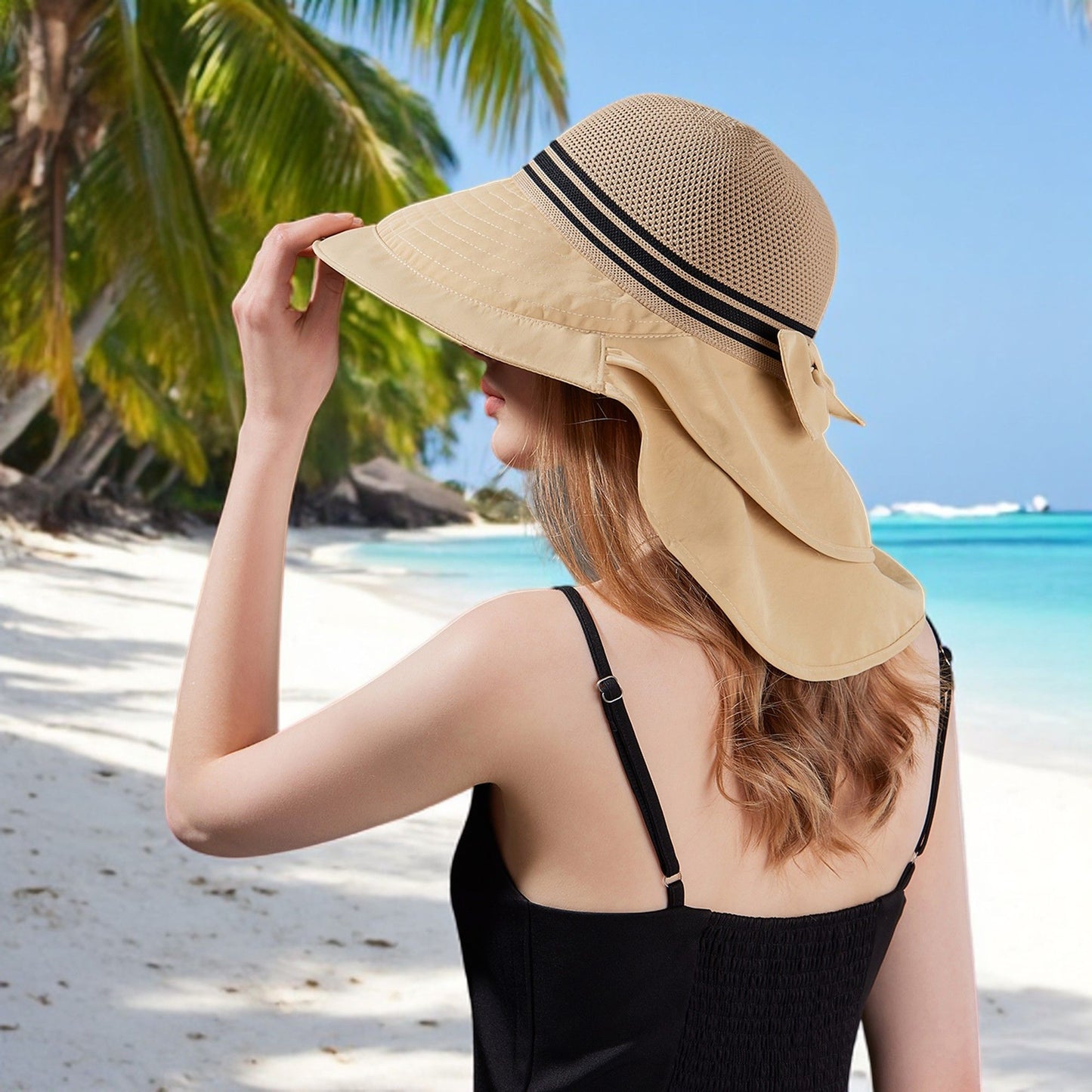 Wide Brim Mesh Sun Hat with Back Bow UV Protection Foldable Travel Hat for Women Outdoor Summer Style