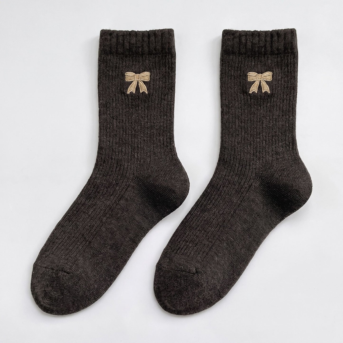 3-Pair Bow Embroidered Crew Socks Set, Ribbed Knit Casual Hosiery
