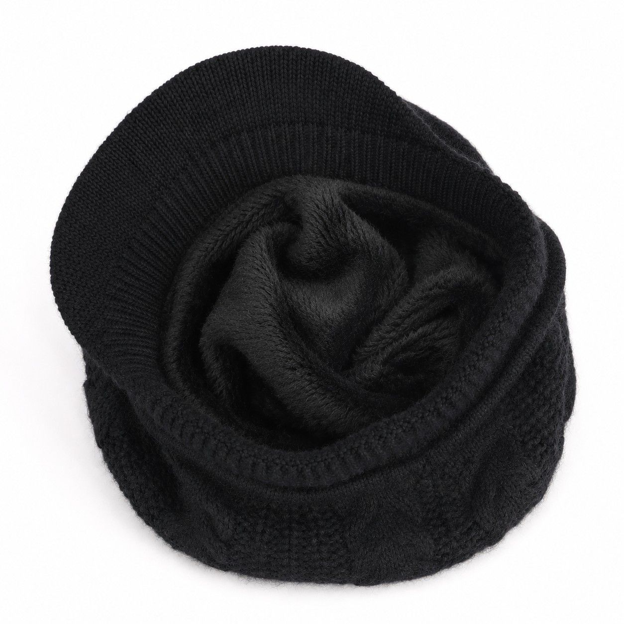 Cable Knit Brim Beanie Faux Fur Lined Warm Winter Hat