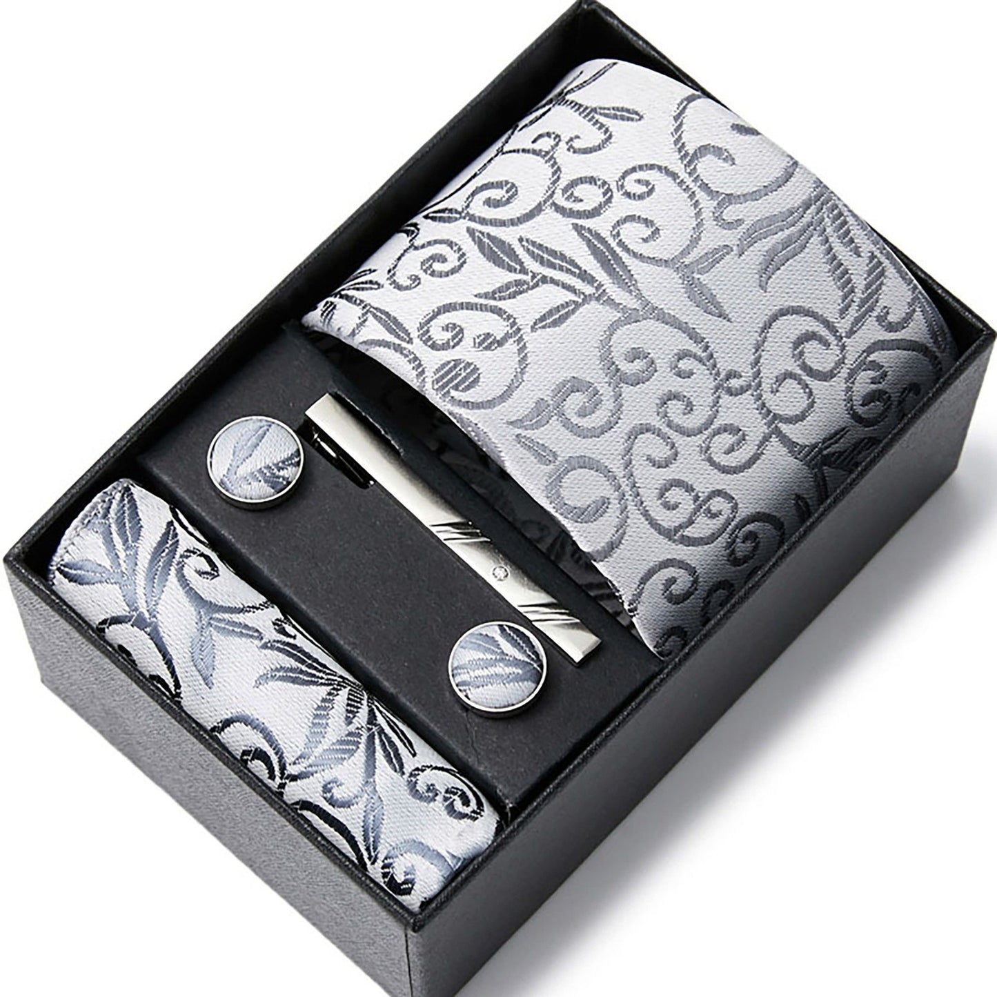 Men's Baroque Floral Tie Gift Set with Matching Pocket Square Cufflinks and Silver Tie Clip