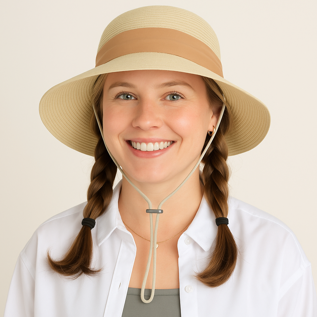 Women's Woven Floppy Sun Hat with Wide Ribbon Knot Detail and Curved Brim