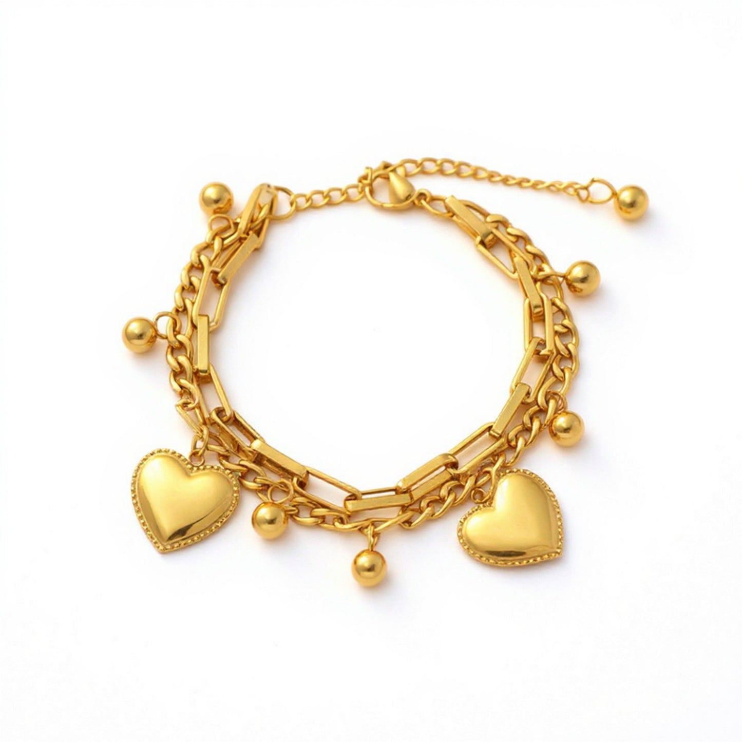 Layered Chain Bracelet with Dual Heart Charms and Dangling Bead Accents for a Playful Feminine Accessory with Modern Detail