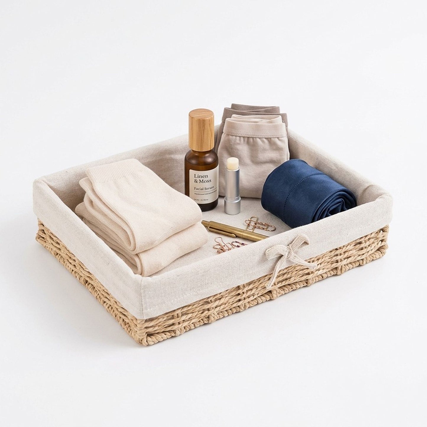 4 Piece Woven Storage Basket Set with Fabric Lining and Bows