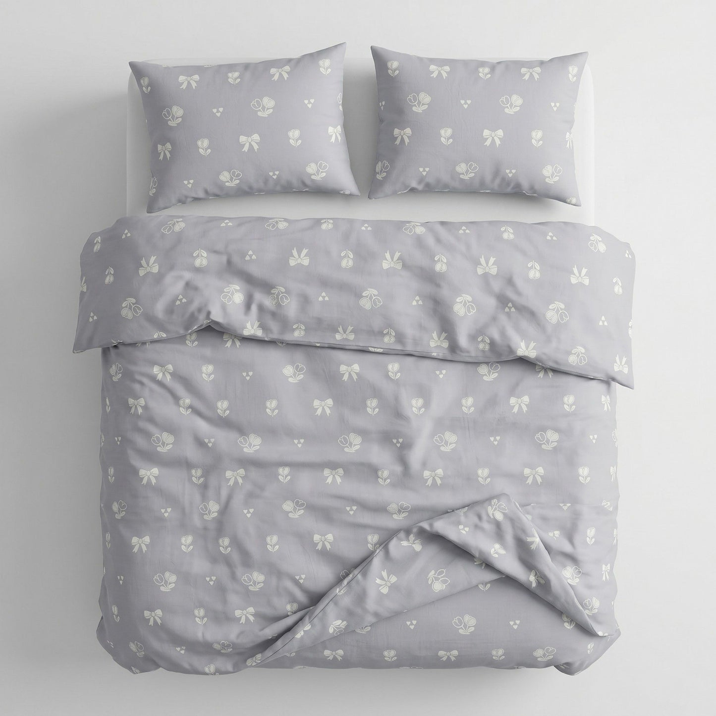 3-Piece Cotton Bedding Set with Duvet Cover and Pillowcases Soft Washed Fabric Minimal Floral Bow Print