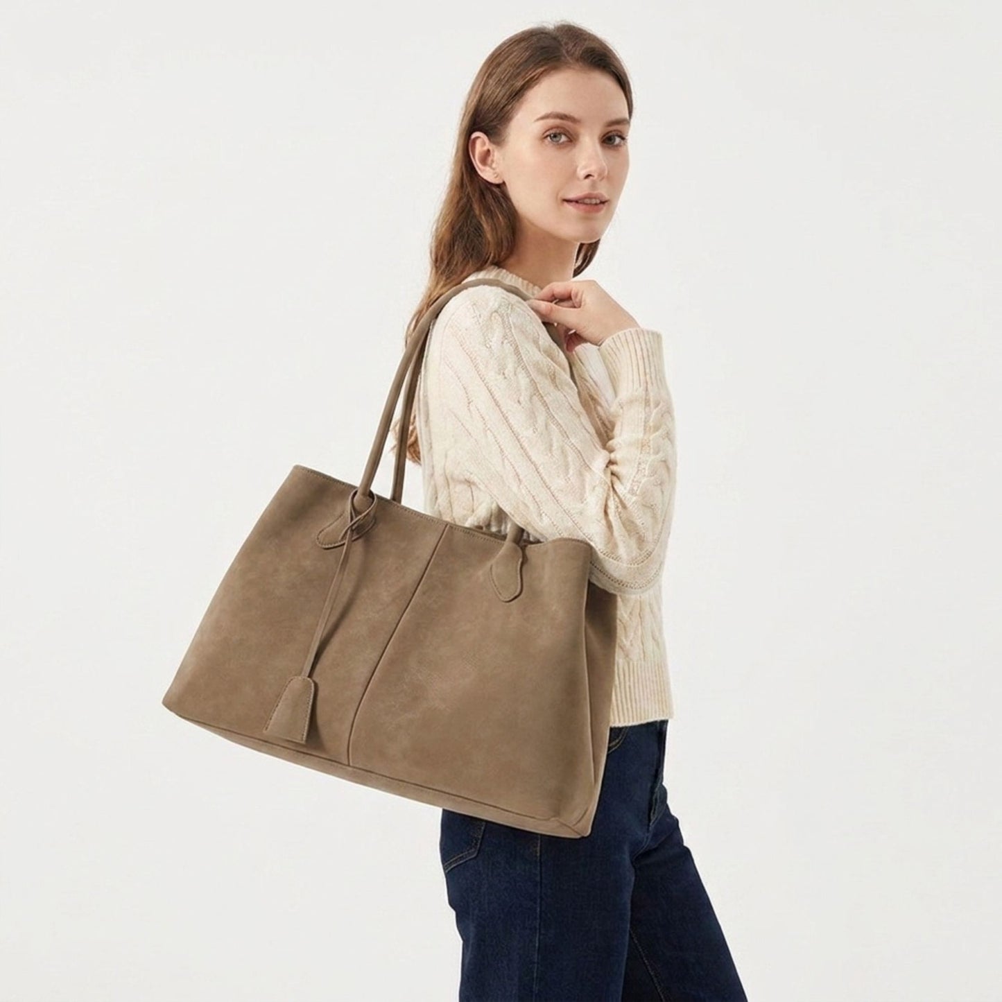 Faux Suede Shoulder Tote Bag Large Capacity Handbag with Magnetic Closure