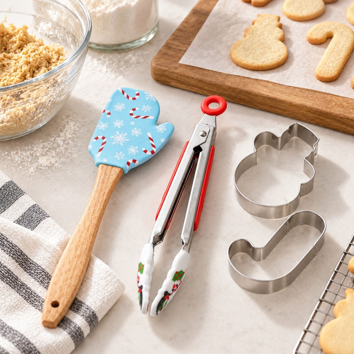 Christmas Baking Tool Set with Rolling Pin Whisk Tongs and Cookie Cutters