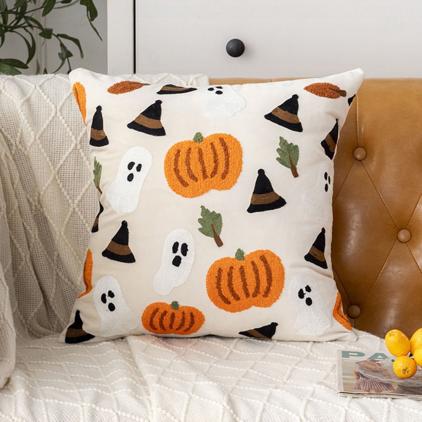 Halloween Pumpkin Embroidered Decorative Throw Pillow Cover 17.7x17.7in