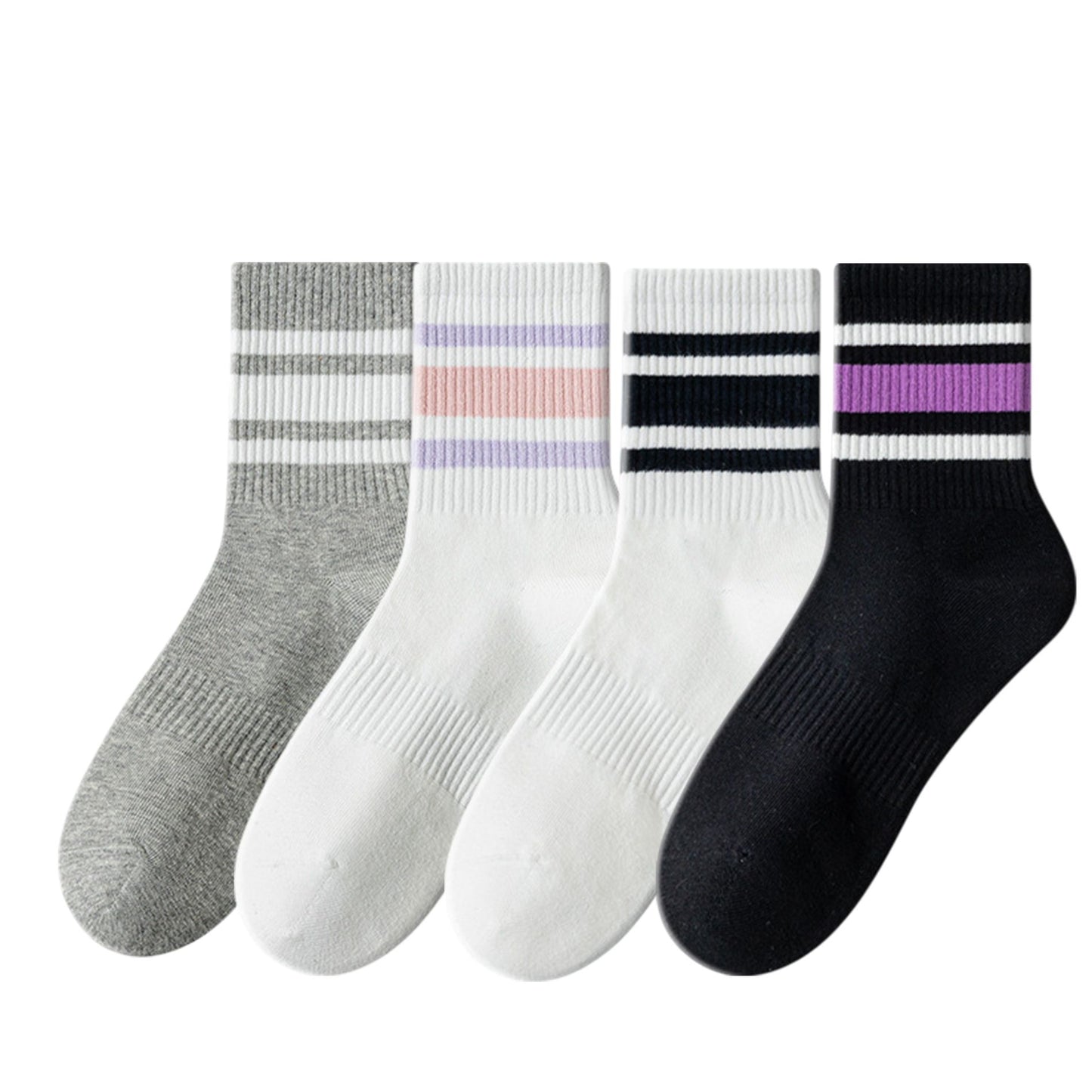 Crew Socks 4-Pack White Base Colorful Ribbed Cuff Striped Design Stretch Comfort Breathable Fit