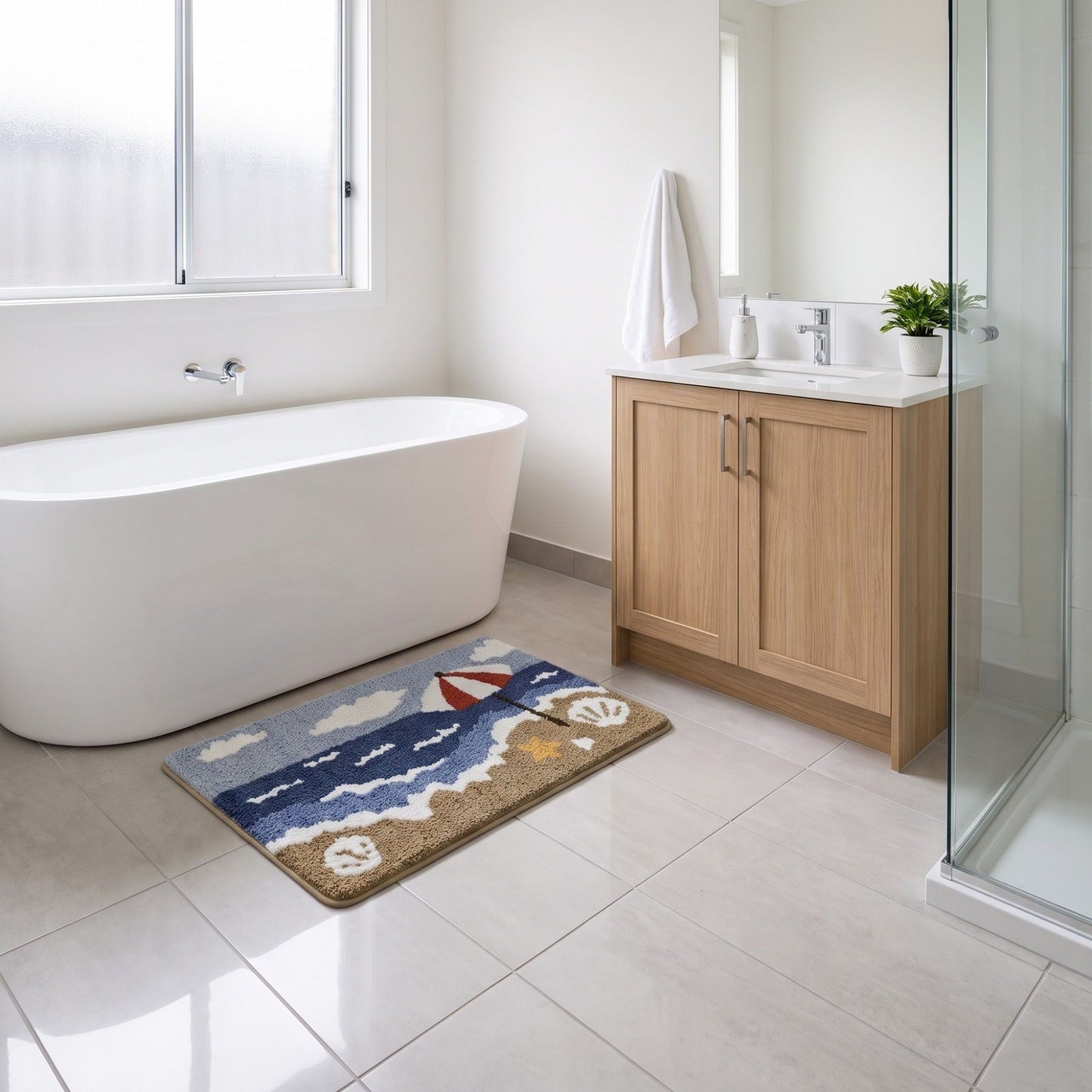 Coastal Beach Scene Plush Bathroom Mat with Umbrella and Ocean Wave Design