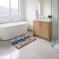 Coastal Beach Scene Plush Bathroom Mat with Umbrella and Ocean Wave Design