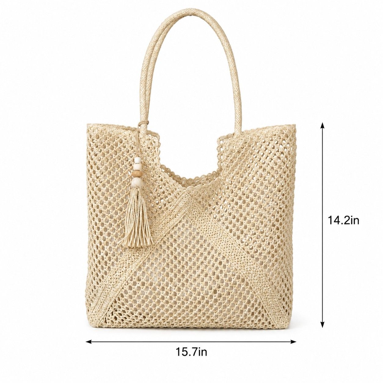 Open Weave Beach Tote Bag with Zip Closure Rope Handles and Tassel Accent