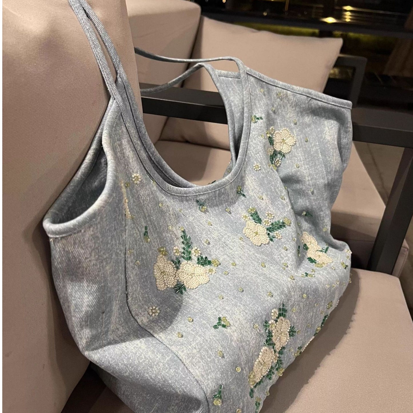 Embroidered Denim Tote Bag for Women, Casual Everyday Carry
