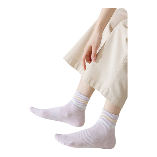 5 Pairs Women Cotton Ankle Socks with Pastel Striped Cuffs Soft Breathable Knit Fabric for Everyday Comfort