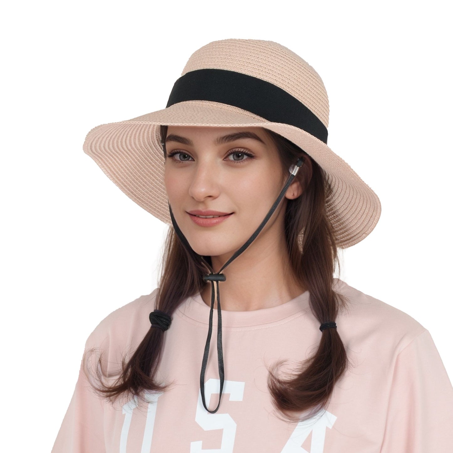 Wide Brim Straw Sun Hat with Black Ribbon Bow Adjustable Chin Strap Inner Sweatband for Outdoor and Travel Use
