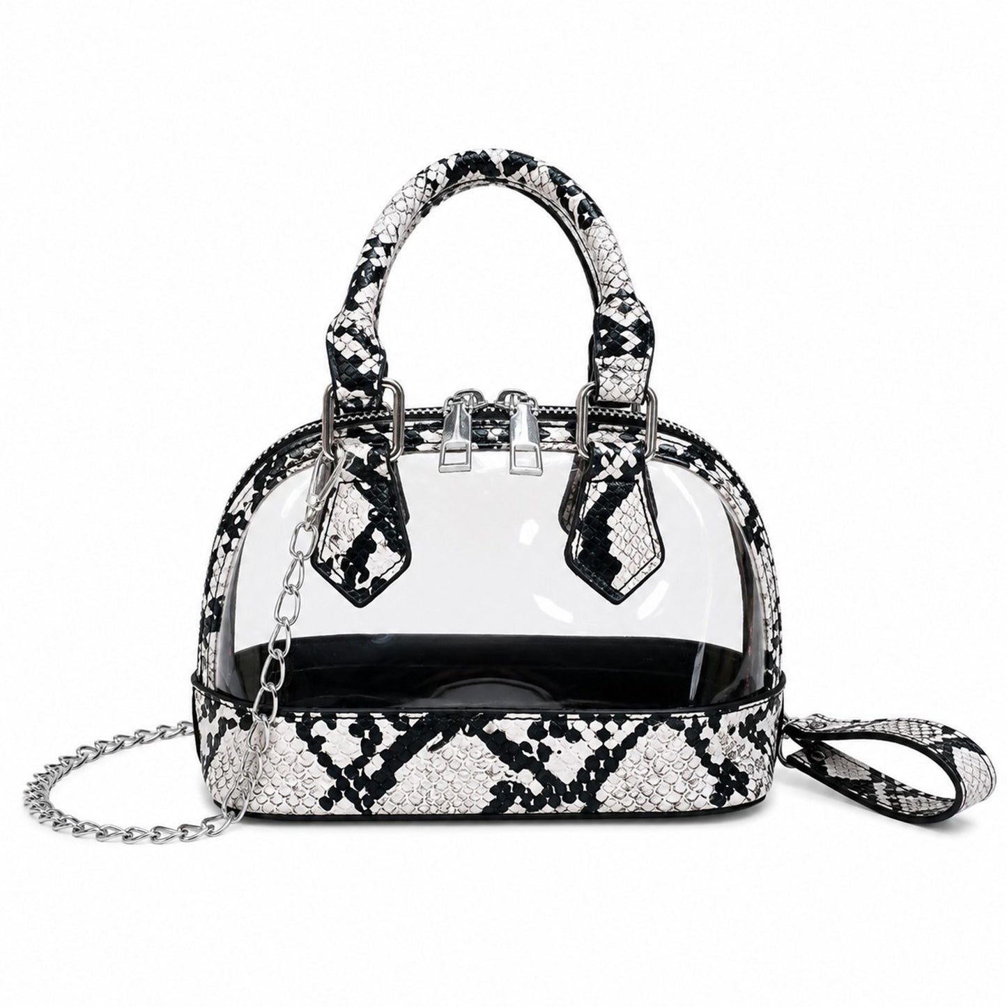 Clear PVC Mini Crossbody Satchel Bag with Print Trim and Chain Strap