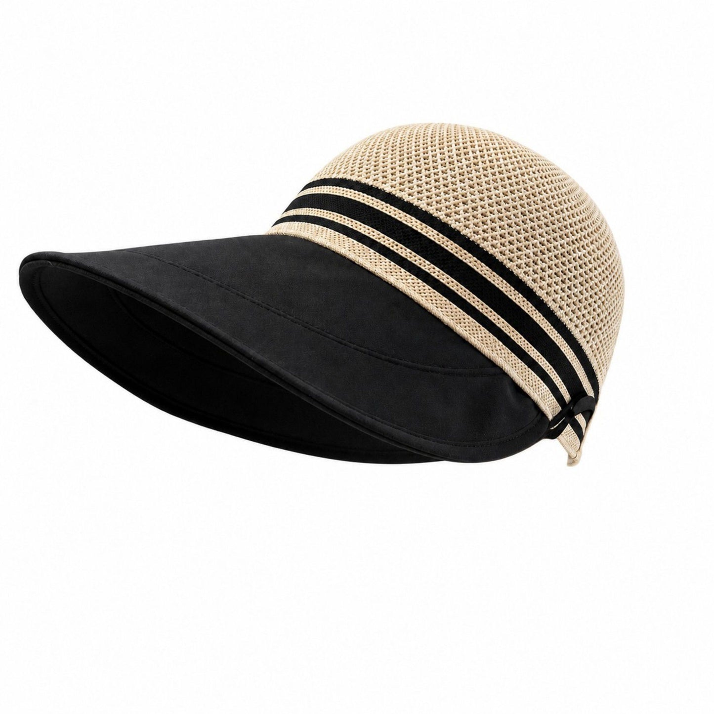 Woven Wide Brim Visor Hat with Striped Band Mesh Crown Adjustable Back Strap