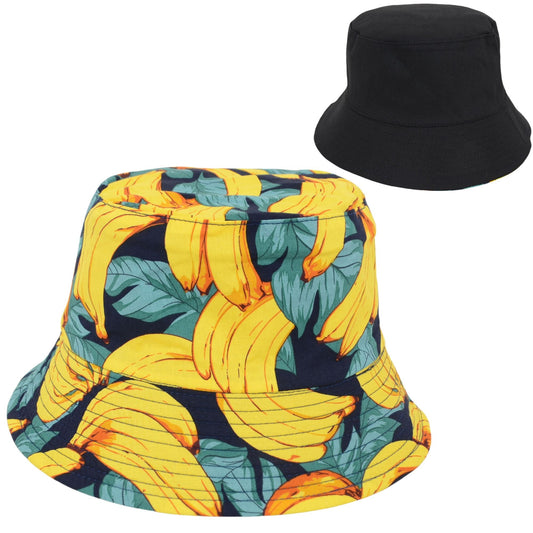 Fruit Print Bucket Hat Double-Side-Wear Reversible Fisherman Hats Summer Foldable Cap for Women- Banana
