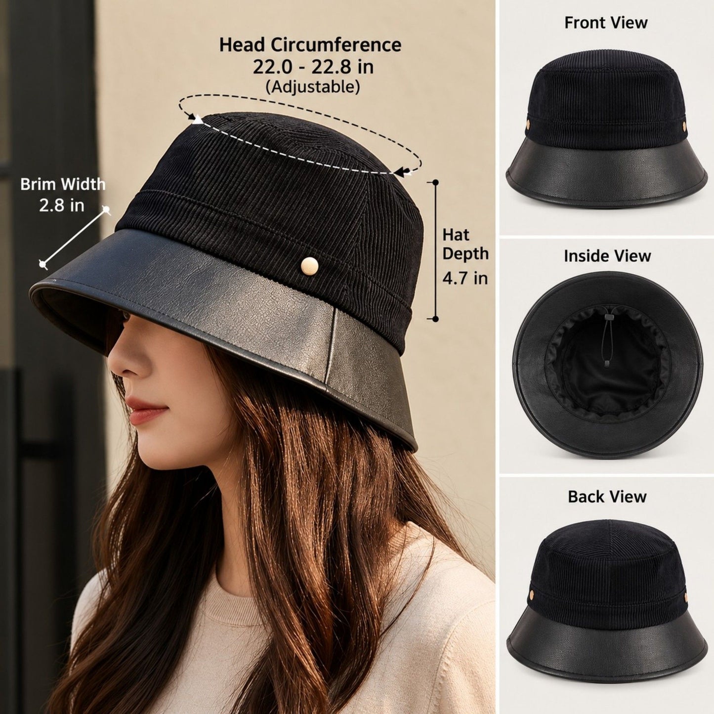 Corduroy Bucket Hat with Leather Look Brim Adjustable Fit