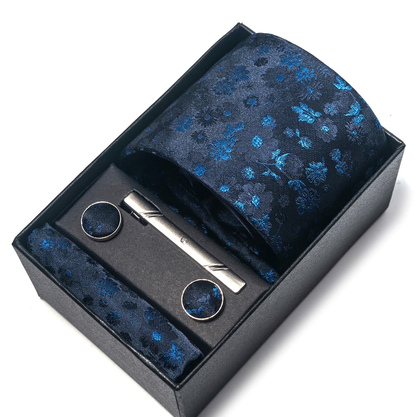 Men's Floral Print Tie Gift Set with Matching Pocket Square Cufflinks and Silver Tie Clip