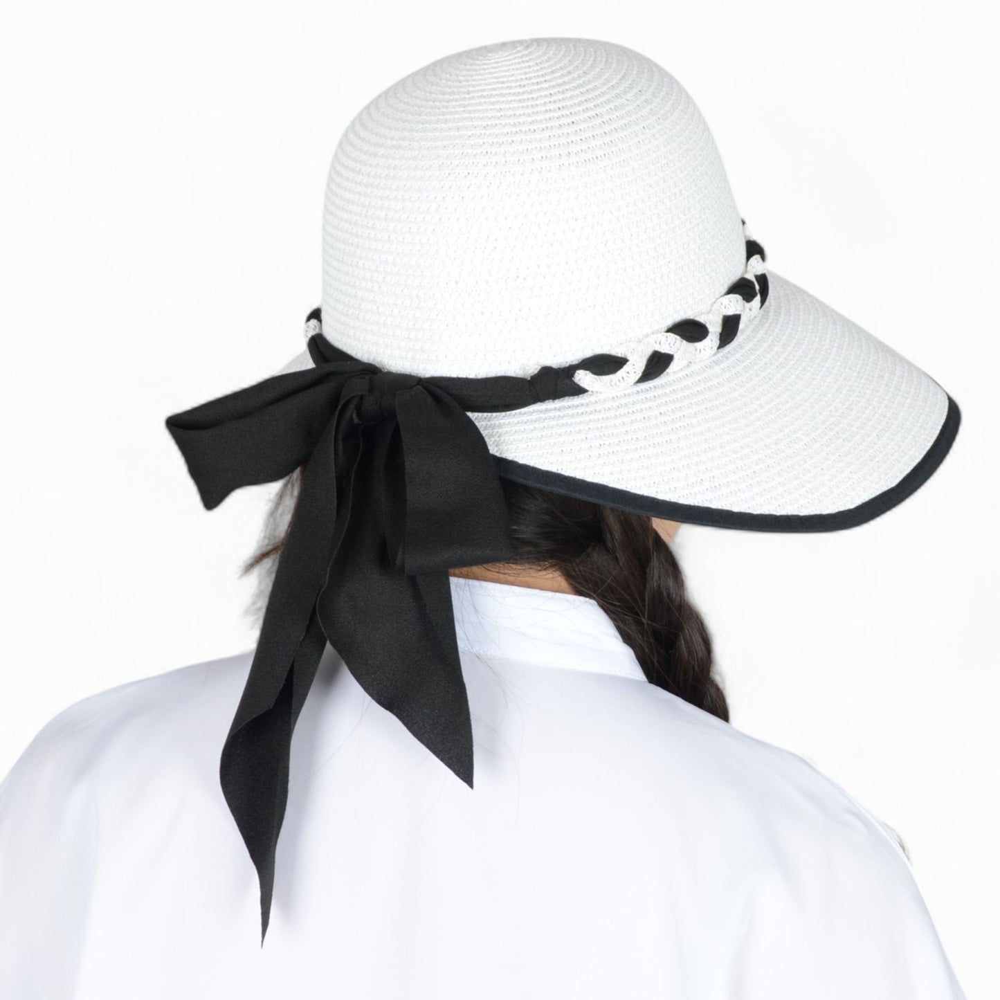 Women's Wide Brim Straw Hat with Braided Band and Contrast Bow Detail