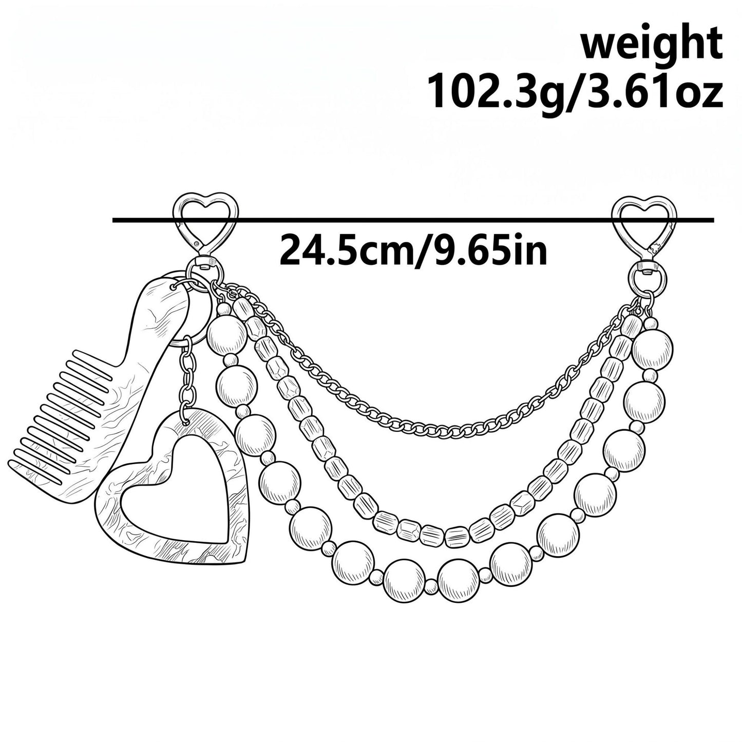 Layered Beaded Bag Charm Chain with Heart Mirror and Mini Comb